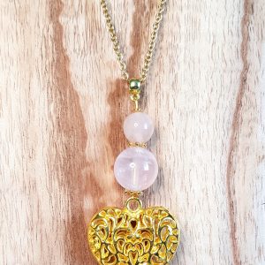 Collier cœur doré et quartz rose